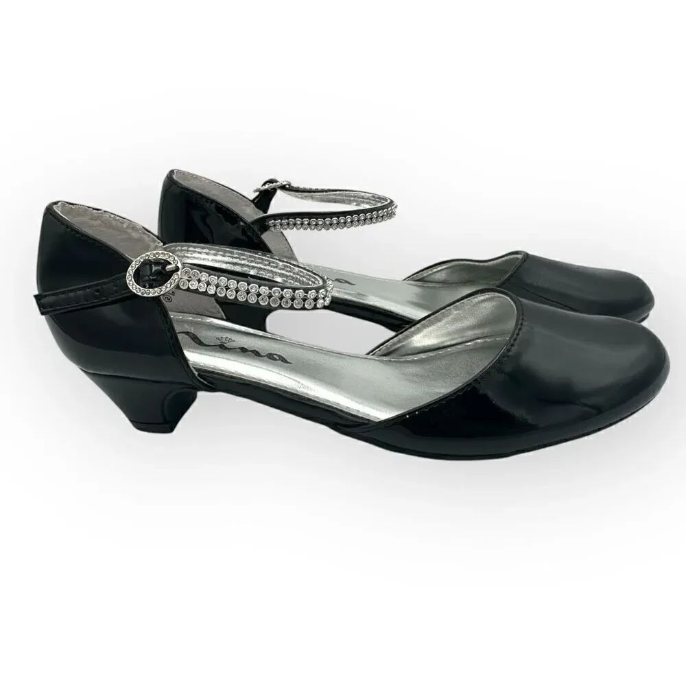 Nina Girls Cera Patent Leather Rhinestone Strap D'Orsay Heels Shoes Black Sz 3M